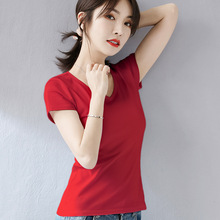 红色V领短袖t恤女2021新款夏季韩范简约时尚短款修身纯棉鸡心领潮