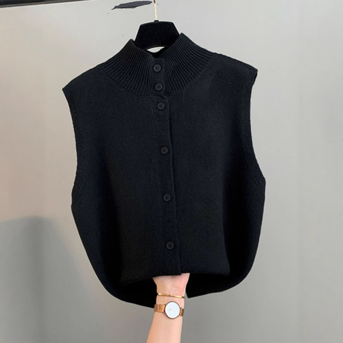 Double-sided vest sweater for women's autumn and winter new pure color semi-high collar twist knitted cardigan vest French loose top