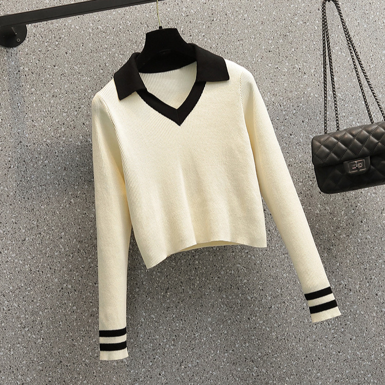时尚针织衫打底衫修身短款长袖polo领秋冬女内搭毛衣洋气撞色新款