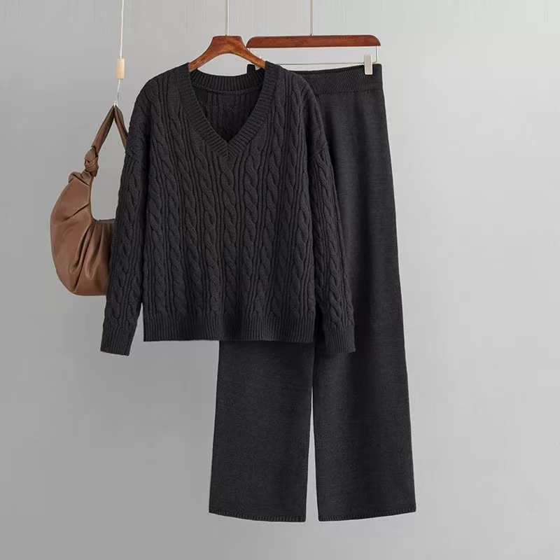 ヨーロッパとアメリカのファッションワイドレッグパンツセーター婦人服2025秋冬新作クロスボーダーツイストVネックニットスーツ|undefined