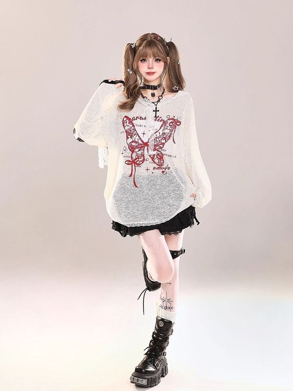 【自家工厂现货】蝴蝶印花T袖女夏休闲辣妹连帽宽松长袖防晒罩衫|undefined