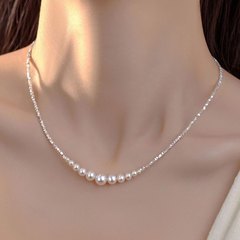 韓国のシンプルなデザインのフレンチレトロs925ブロークンシルバーパールネックレスレディースライトラグジュアリー気質鎖骨チェーン