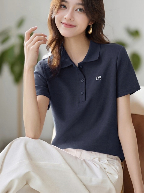 短袖POLO衫女夏季新款撞色休闲翻领刺绣减龄甜美气质时尚t恤上衣|undefined