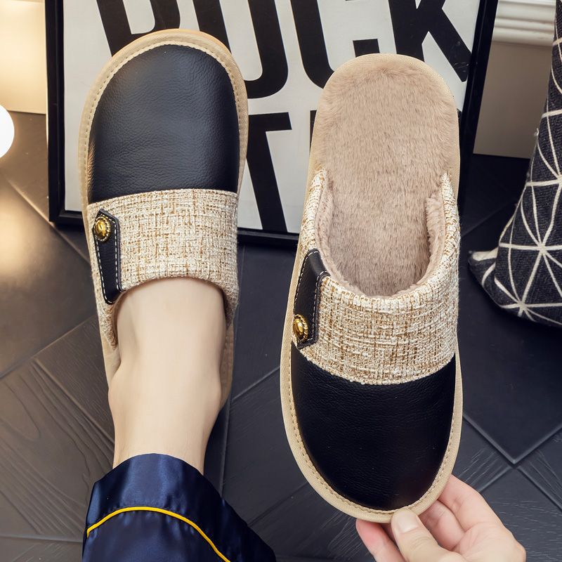 秋冬季牛皮布艺拼接棉拖鞋室内地板厚底防滑居家用男女冬天保暖鞋