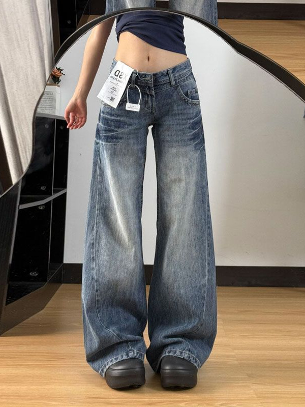 美式复古折痕磨白牛仔裤女2025新款低腰显瘦宽松直筒阔腿拖地裤子|undefined