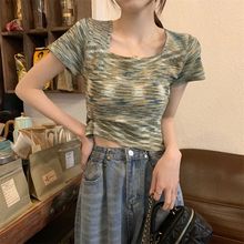 2025年夏季新款韩风简约时尚彩虹色软糯方领短袖针织衫女T恤上衣