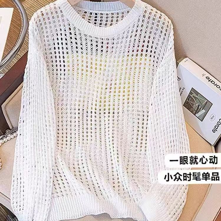 Summer Knitwear for Women, Trendy Brand, Hollow-Out Fishnet Design, Sun-Protective Cover-Up, Fashionable Long-Sleeve Sweater, Base Layer Summer Knitwear for Women, Trendy Brand, Hollow-Out Fishnet Design, Sun-Protective Cover-Up, Fashionable Long-Sleeve Sweater, Base Layer