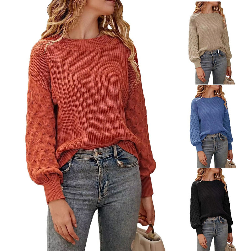 Cross-Border European and American 2026 Autumn and Winter New Amazon Personalized Fashion Lantern Sleeve Round Neck Pullover Knitted Sweater for Women Cross-Border European and American 2026 Autumn and Winter New Amazon Personalized Fashion Lantern Sleeve Round Neck Pullover Knitted Sweater for Women