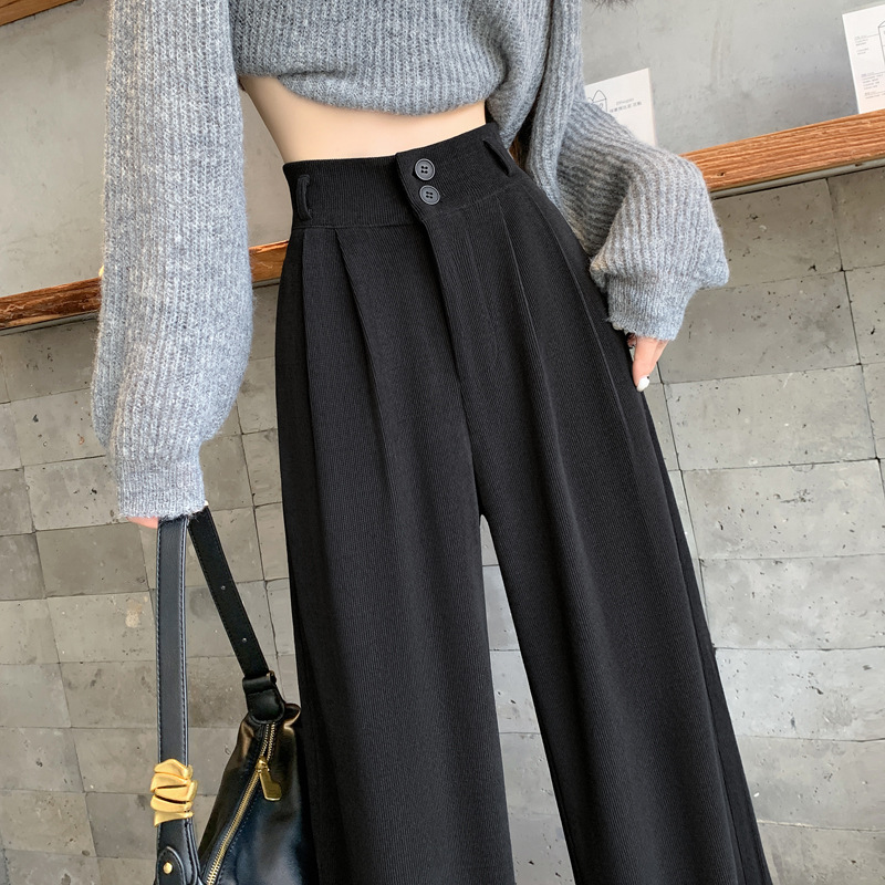 窄版雪尼尔阔腿裤女秋冬小个子欧棉绒直筒裤休闲黑色软糯垂感裤子