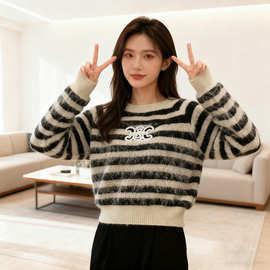 跨境新款小香风短款毛衣打底衫女秋冬条纹撞色字母刺绣针织衫上衣