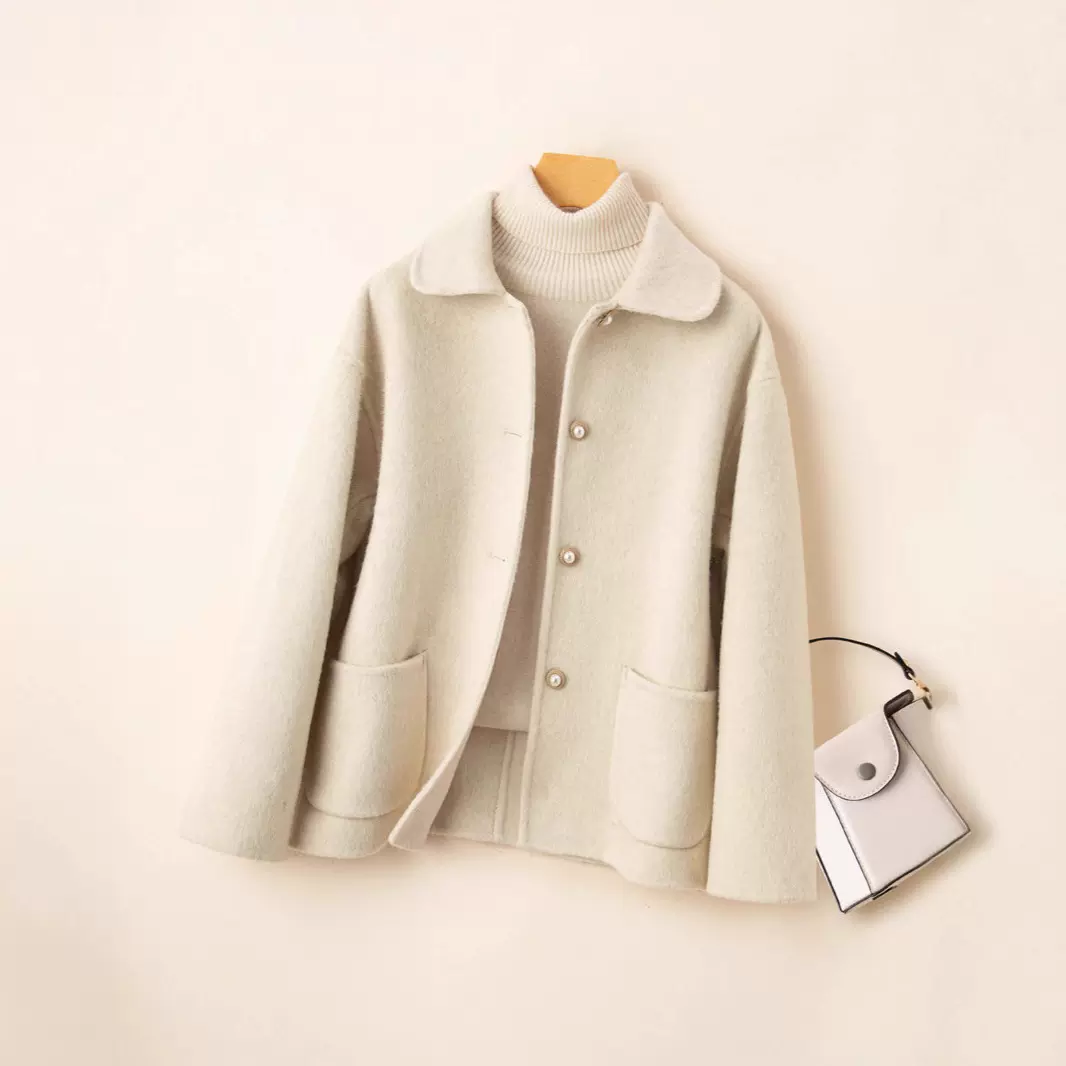 2025双面羊毛大衣女短款小个子娃娃领小香风女士外套纯色简约外套