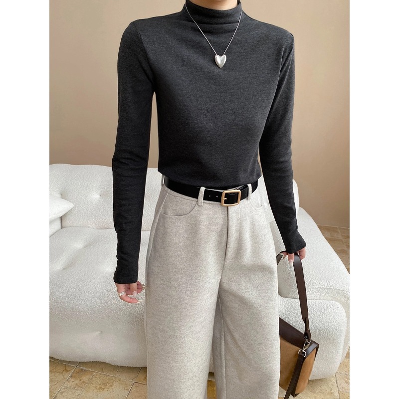 司南 中缝分割设计感 天丝羊毛混纺半高领薄绒打底衫T恤 SN8201