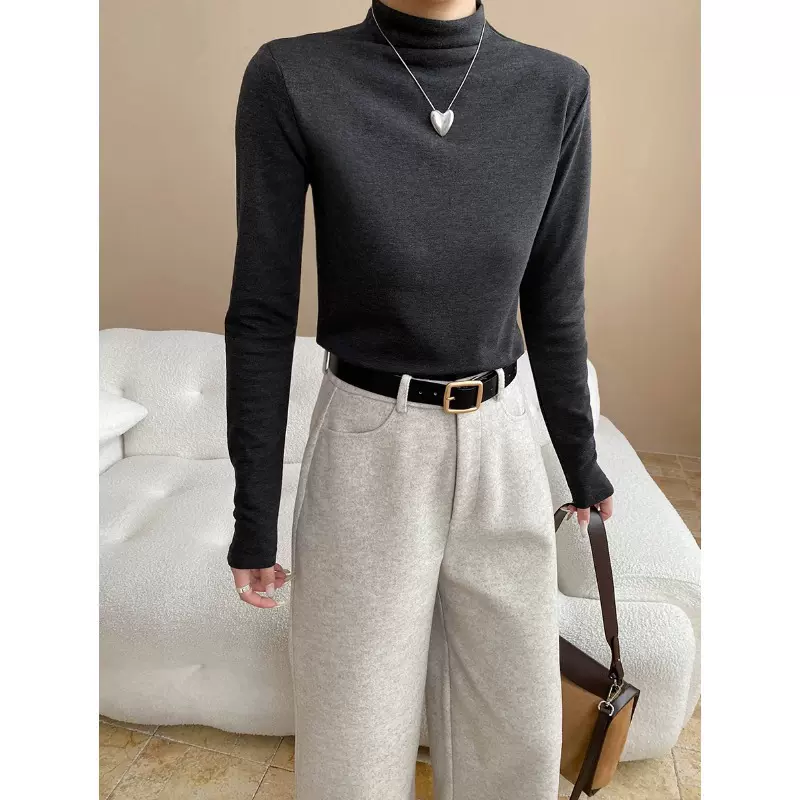 司南 中缝分割设计感 天丝羊毛混纺半高领薄绒打底衫T恤 SN8201