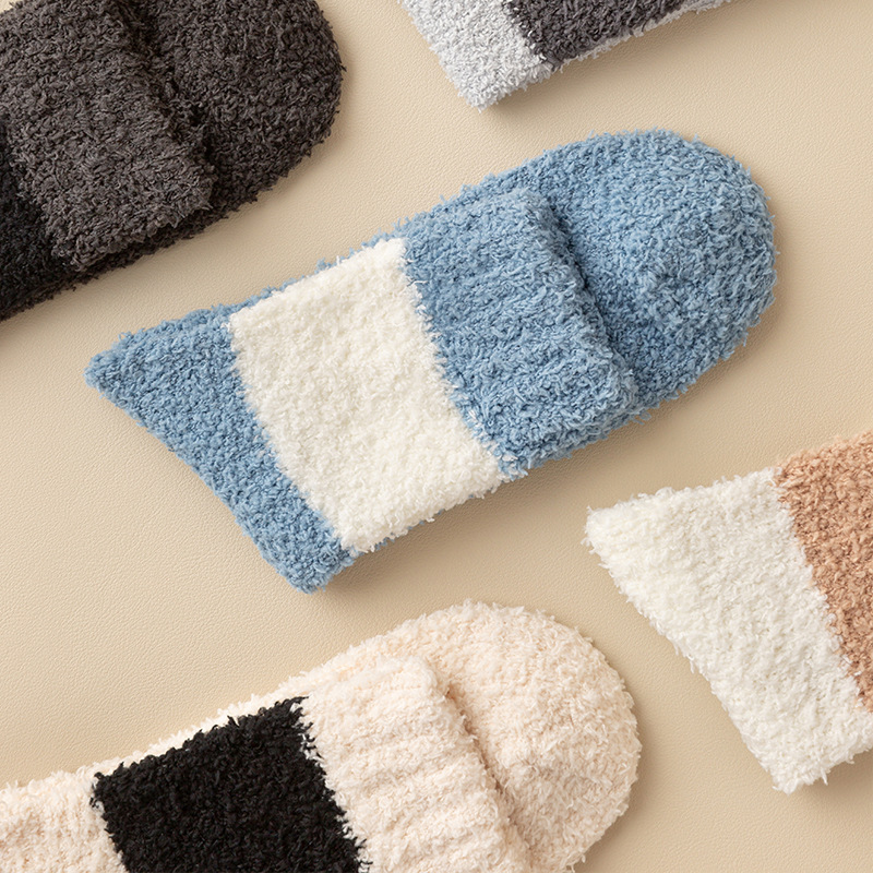 Podzimní a zimní nové korálové fleecové ponožky pánské středně tubusové ponožky barevně sladěné zesílené fleecové ponožky na spaní teplé podlahové ponožky velkoobchod_voghion.com