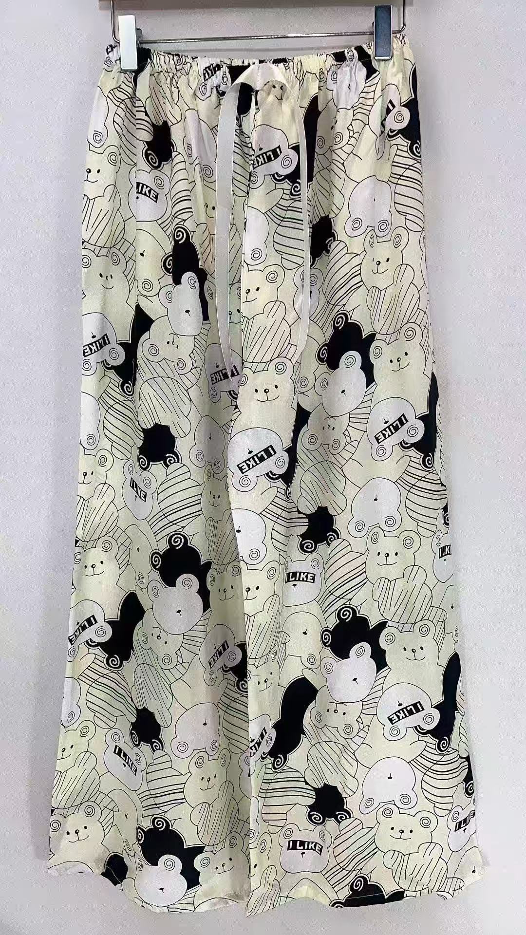 Pijama de seda de algodón para mujer, pantalones anchos de mujer embarazada de seda de algodón con estampado fino de verano