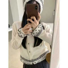 韩系甜美蕾丝拼色毛衣女针织衫开衫秋冬宽松慵懒风气质短款上衣