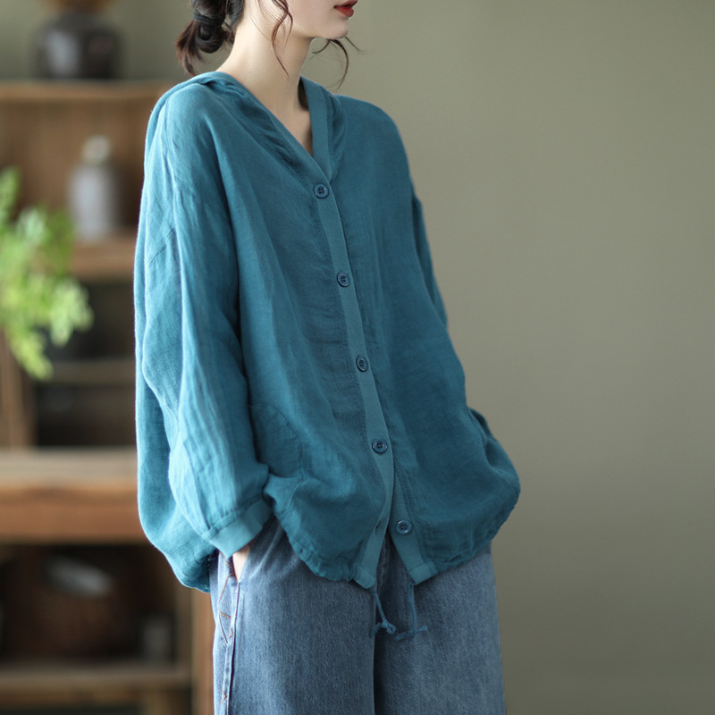 Cotton and Linen Retro Literary Tops for Women 2024 Summer and Autumn Slim Loose Hooded Large Size Long-Sleeved Sun Protection Outer Cardigan for Women