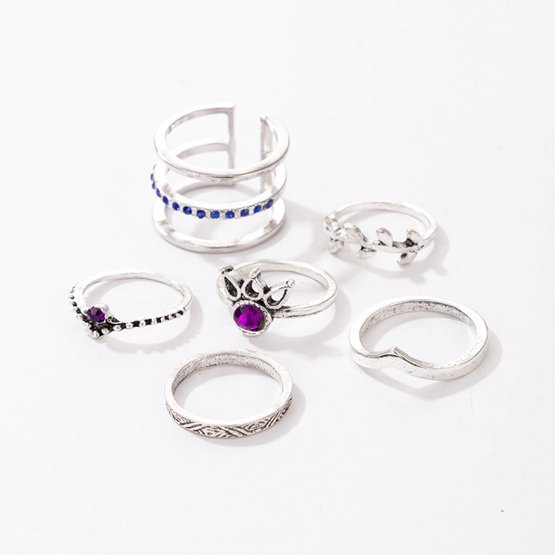 Fashion Jewelry Blue Purple Diamond Six-piece Geometric Leaf Hollow Alloy Ring Set display picture 4