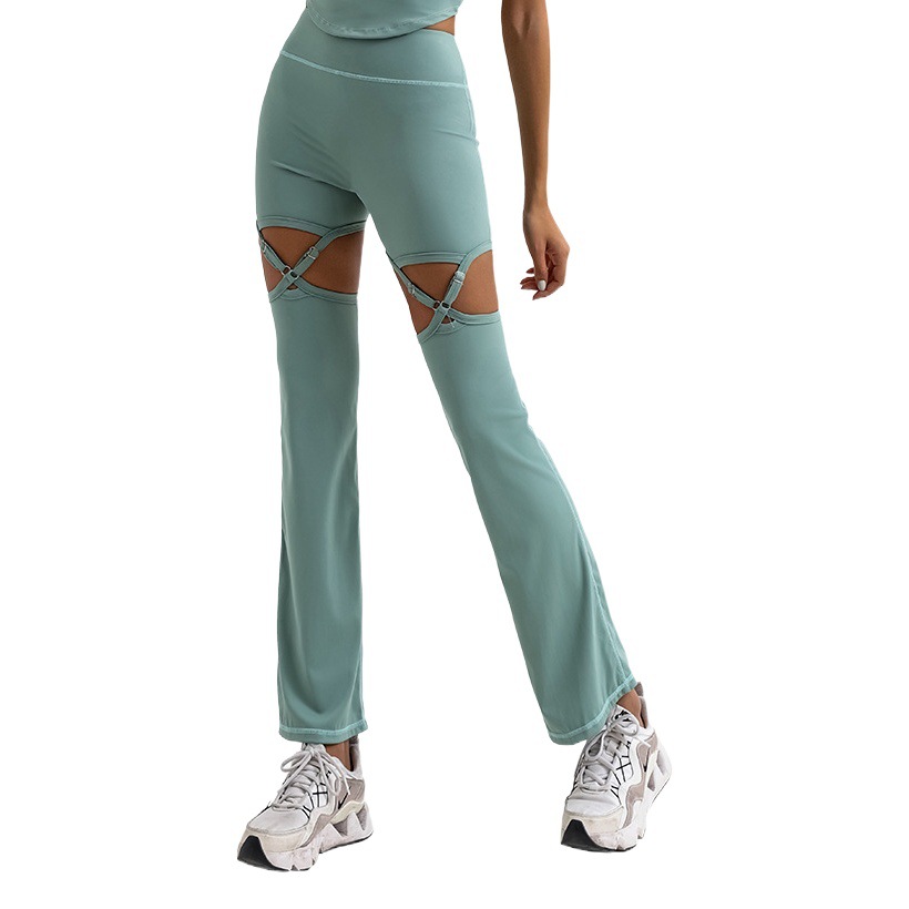 Pantalones de yoga transfronterizos de comercio exterior para mujeres sin vergüenza línea hueca con cordones personalizados de alta elasticidad de secado rápido deportes fitness pantalones acampanados
