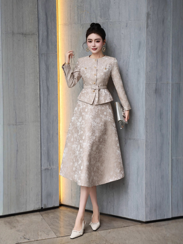 欧美风女装2025年秋季套装优雅圆领长袖外套配高腰显瘦A字半身裙|undefined
