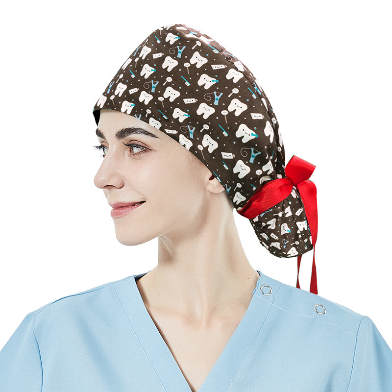 Tapa de trabajo a prueba de polvo de enfermera de hospital tapa de impresión de dibujos animados de Amazon botón Cola de Caballo correa de pelo largo tapa de Punta dental
