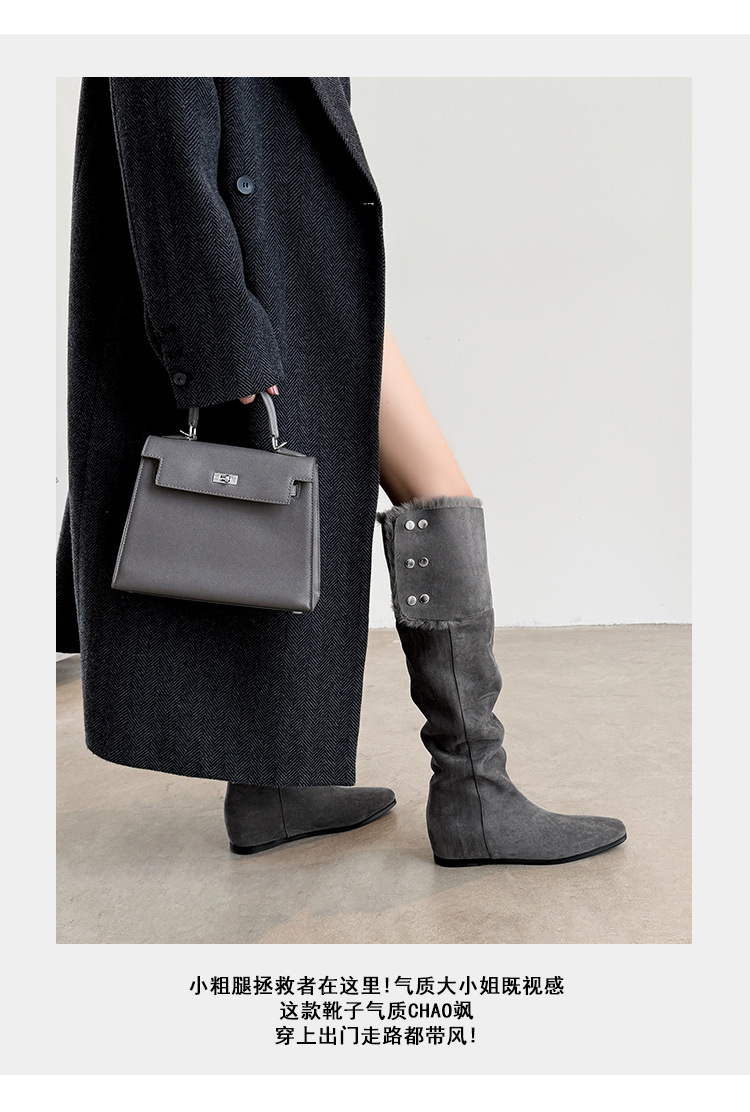Boot tuyết nữ cổ cao ôm chân, lót lông dày, gót wedge nâng chiều cao, hai kiểu mang — màu xám chi tiết 13