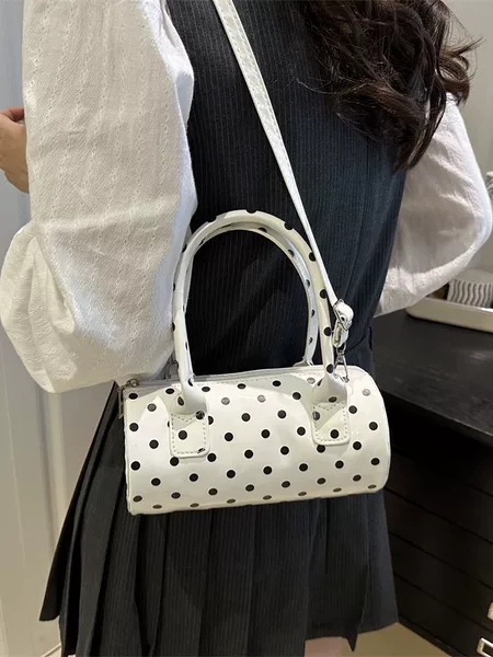 New Korean-Style Polka Dot Cylindrical Bag for Women, Sweet and Cool Girl Versatile Handbag, Retro Boston Shoulder Crossbody Bag