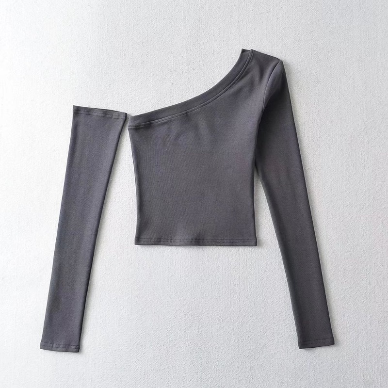 Slim solid color slanted shoulder long sleeves top NSXDX117542