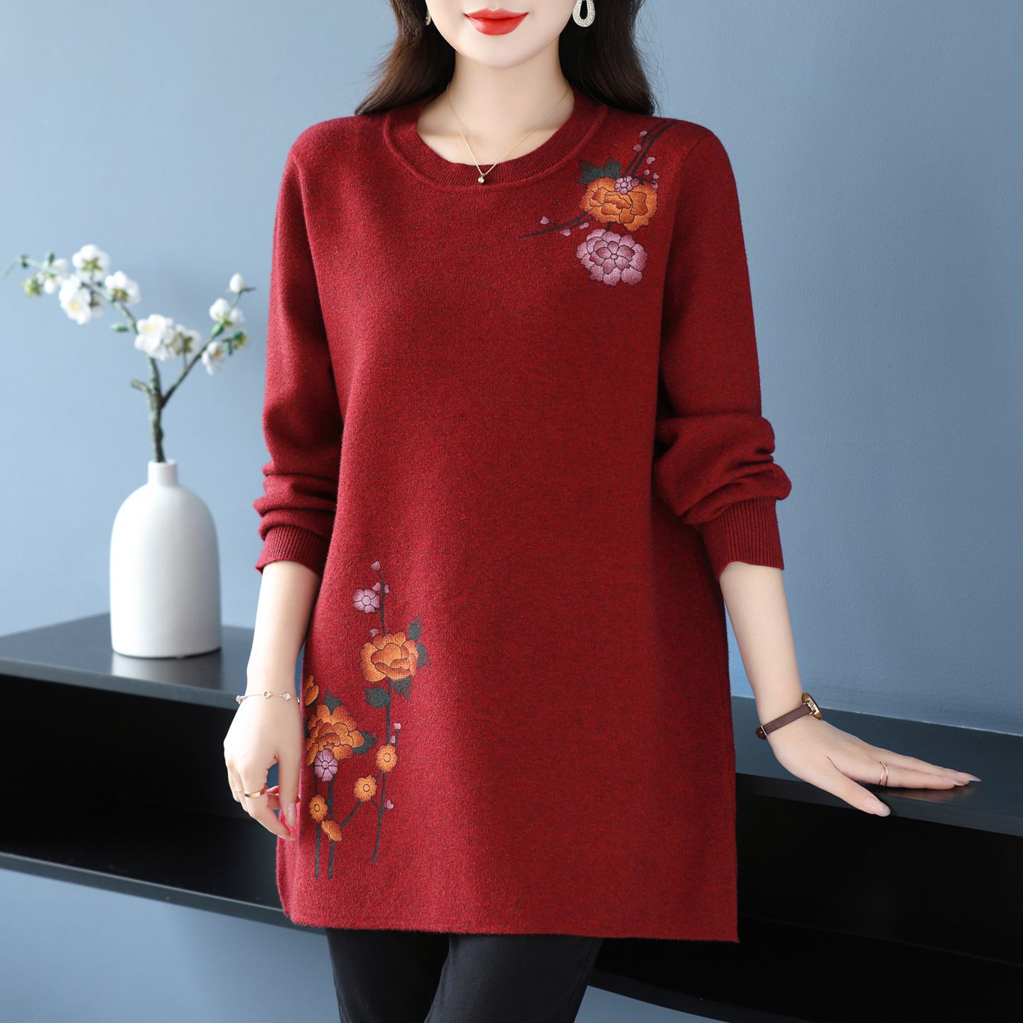 妈妈装秋冬毛衣牡丹刺绣宽松中长款中老年保暖针织打底衫冬季上衣