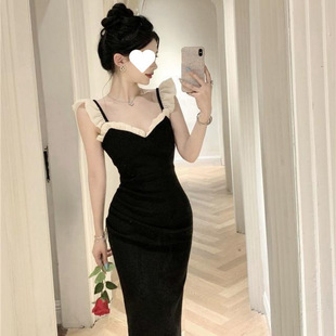 French-Style Little Black Dress, New Fashion Pure Desire Ruffled Sexy Bodycon Slit Dress, Birthday Party Gown