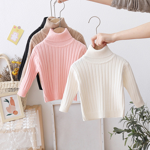 Children's turtleneck sweater, thickened solid-color autumn/winter outfit for girls—pullover base layer for boys, best-selling knit bottoming shirt.