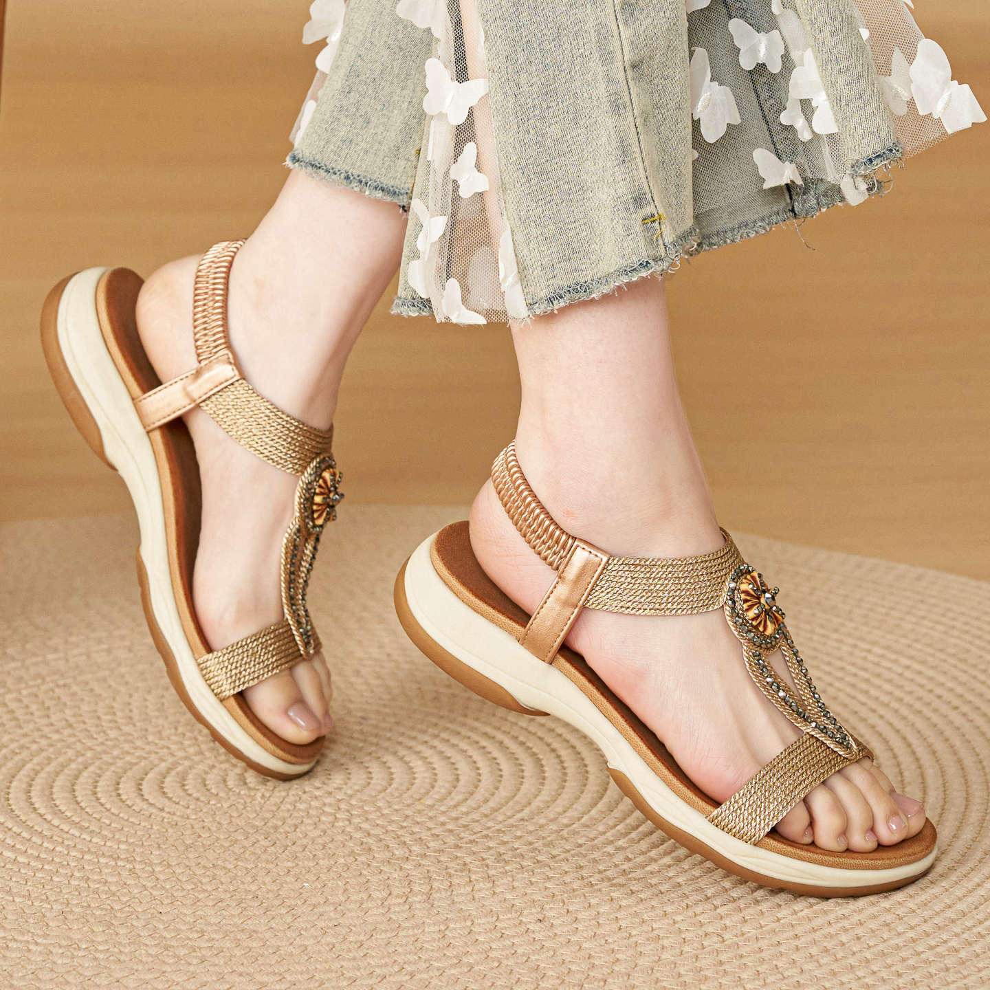 Sandal nữ đế mềm chống trượt phong cách Bohemian đính đá — Champagne màu, màu đen, màu vàng