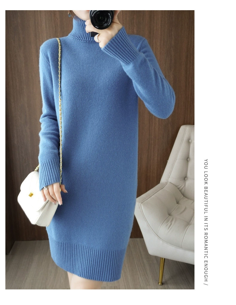 2022 Casual Autumn Winter Knitted Sweater Pullovers Dress Women Basic Loose Turtleneck Sweater Female Warm Long Dress WF192 brown sweater