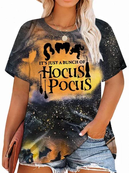 European and American Style Women's Plus Size Tops Halloween Themed T-Shirt Retro Witch Starry Sky Print Short Sleeve Cross-Border