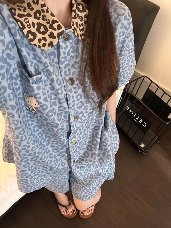 キティブルーヒョウ柄テンセルコットンパジャマ女性用夏半袖ショーツガーリーウェアラブルホーム服セットブラウン|undefined