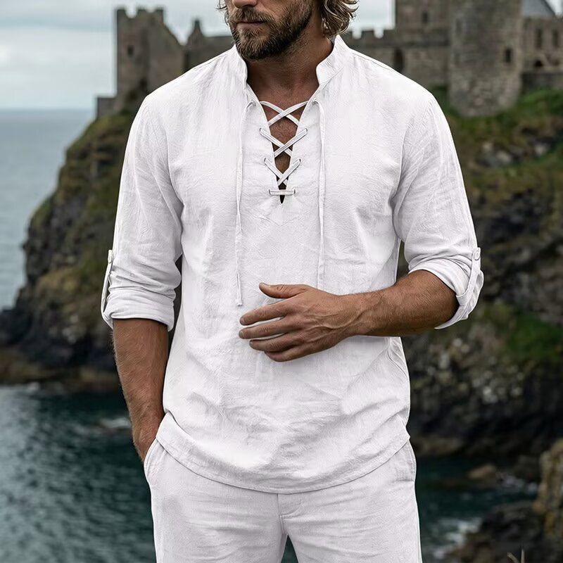 Cross-border popular men's long-sleeve shirt, American retro linen stand-up collar, cross-tie casual solid color T-shirt top Cross-border popular men's long-sleeve shirt, American retro linen stand-up collar, cross-tie casual solid color T-shirt top