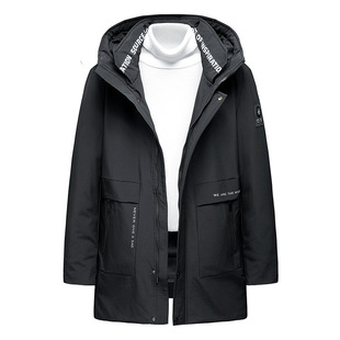 Winter Men's Down Jacket Mid-length Hooded Plus Size Loose White Duck Down Winter Tooling Thickened Jacket