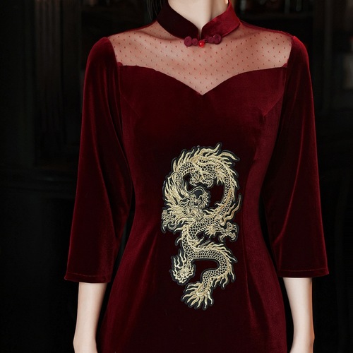 Black wine colored velvet cheongsam Retro oriental Qipao Chinese Dresses for women Chinese Wedding Party toast banquet dresses Bridal cheongsam dress