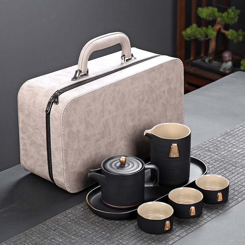 Black pottery travel tea set one pot three cups tea tray whole set business office annual meeting gift festival tea set gift 