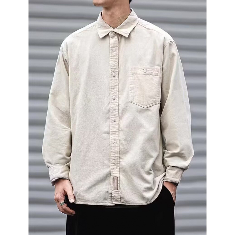 衬衫男长袖春秋季简约字母高感绣纯色衬衣百搭宽松工装棉外套