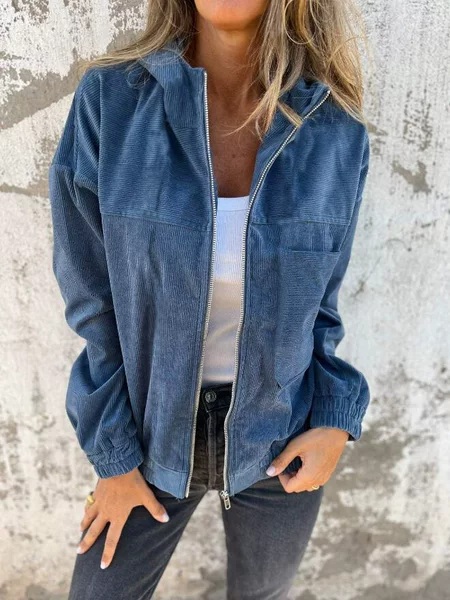Independent Station Cross-Border Hot Sale Autumn New Solid Color Jacket Women's European and American Simple Style Corduroy Hooded Jacket Women