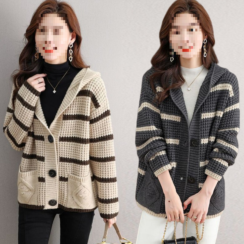 Hooded Thick Wool Coat with Double Pockets, Autumn and Winter New Striped Thick Knit Cardigan