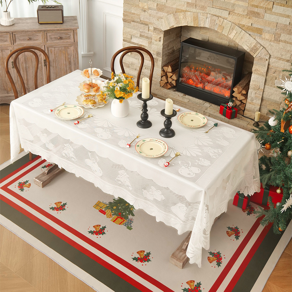 Amazon transfronterizo nuevo estilo de Navidad diversión tela de mesa urdimbre encaje decoración de tela de mesa de Navidad TEMU