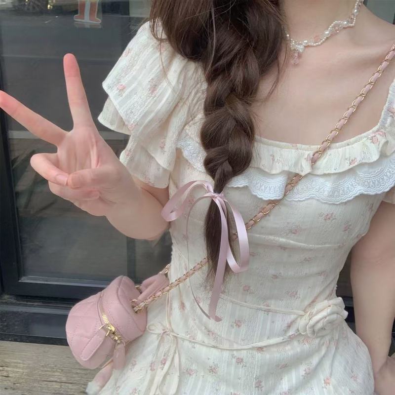 甜美百搭2025年夏季法式碎花小个子绝美方口领收腰连衣短裙A字裙|undefined