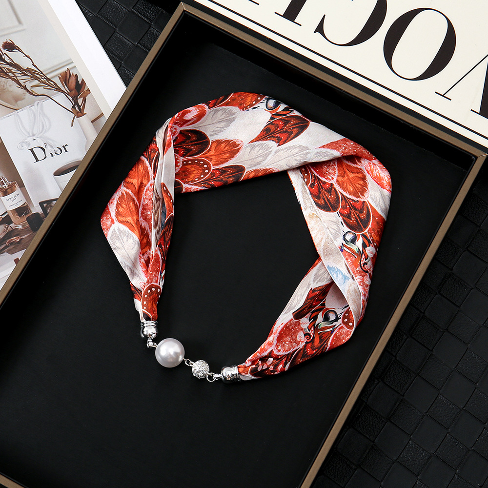 Pañuelo de seda con hebilla magnética de diamantes con incrustaciones de perlas collar mujer retro todo fósforo moda bufanda fina hebilla autocebante babero al por mayor