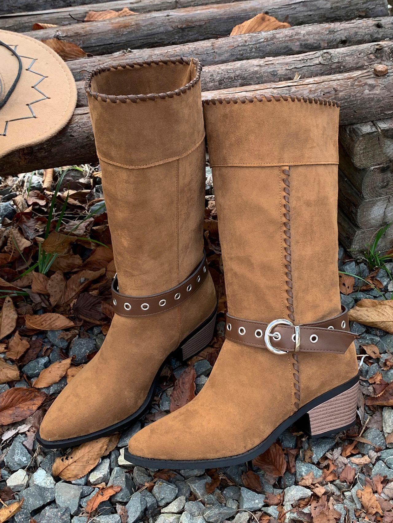 Women's Black Suede Cowboy Boots With Buckle Detail Mid Heel_voghion.com