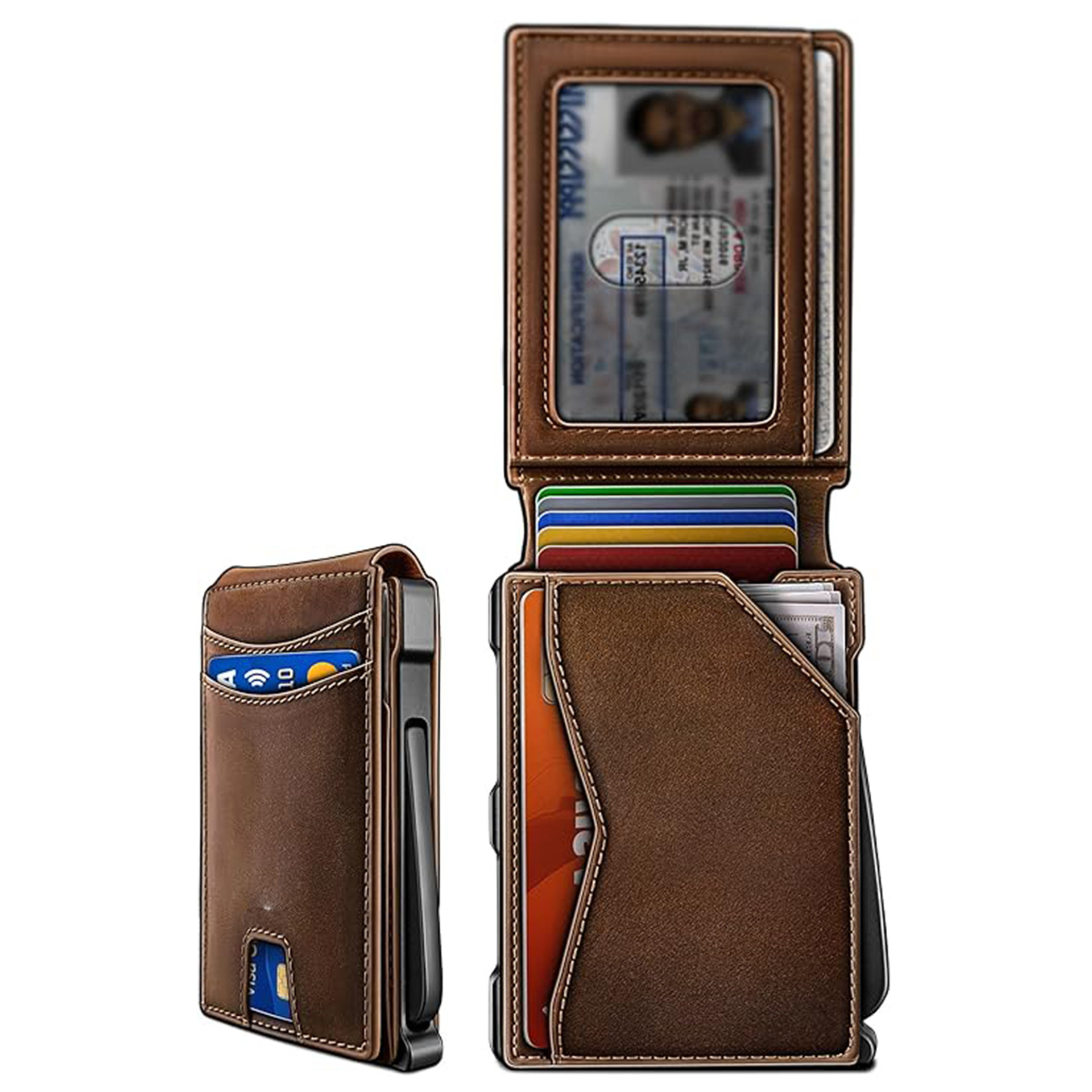 Amazon doble tapa de metal plegable RFID anti-robo multifuncional tarjeta abrazadera vertical y horizontal cartera de cuero de contraste