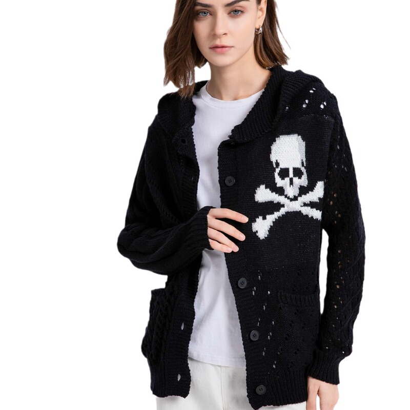 Amazon Cardigan Punk Sweater Hooded Halloween Skull Gothic Style Top Knitted Cardigan for Women
