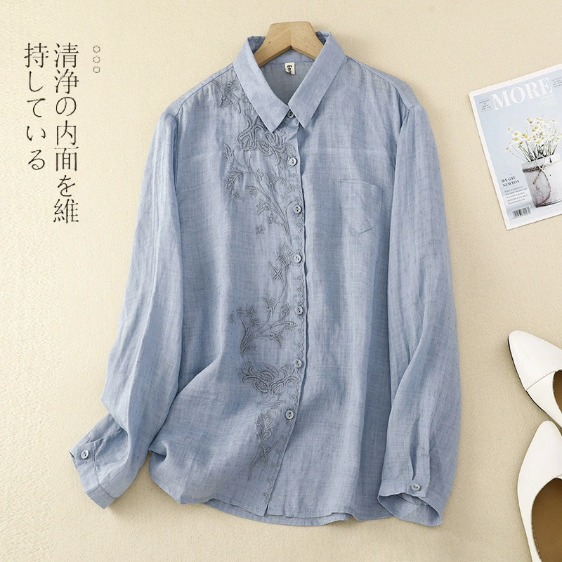 Реальный снимок # Новая весенняя однотонная рубашка с длинными рукавами из хлопка и льна с вышивкой на лацканах, свободный топ Baota в литературном стиле ретро