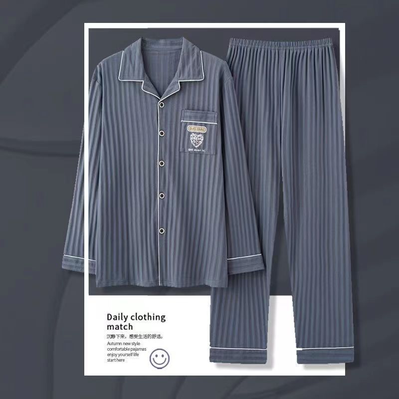 Pijama de algodón masculino primavera y otoño cardigan de manga larga suelta más grande se puede usar fuera del conjunto de ropa de casa